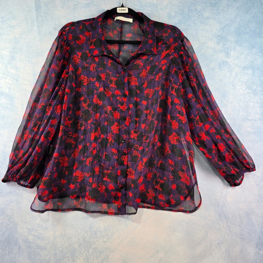 Violeta by Mango Womens Purple Red Floral Sheer Button Down‎ Blouse Size 14 L